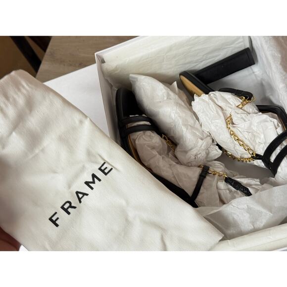 FRAME Le Tati Chain Noir Leather Slingback Sandal Black Gold Chain Size 9 - Picture 11 of 16